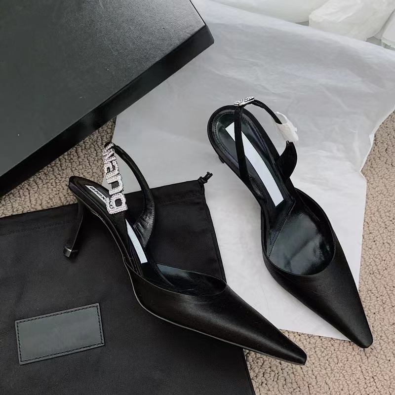 Giày Cao Gót Hở Ngón Quai Satin Đính Đá Đen Thời Trang Mùa Xuân 2023 Cho Nữ