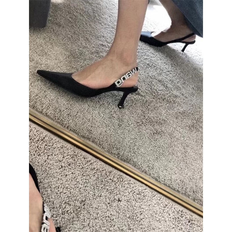 Giày Cao Gót Hở Ngón Quai Satin Đính Đá Đen Thời Trang Mùa Xuân 2023 Cho Nữ