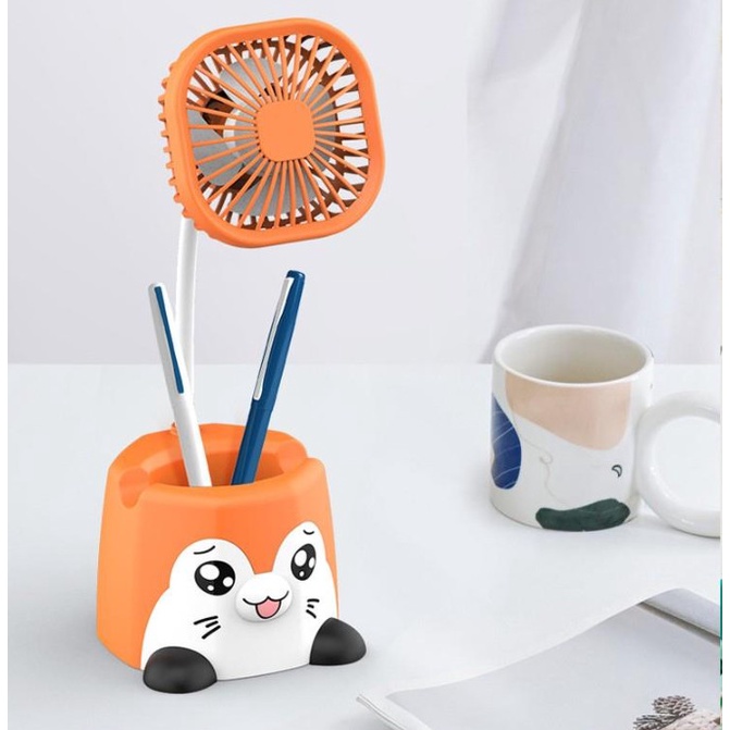 Quạt mini kiêm hộp đựng bút để bàn, xoay 360 độ , kèm cap sạc USB, quạt cầm tay hình thú siêu dễ thương