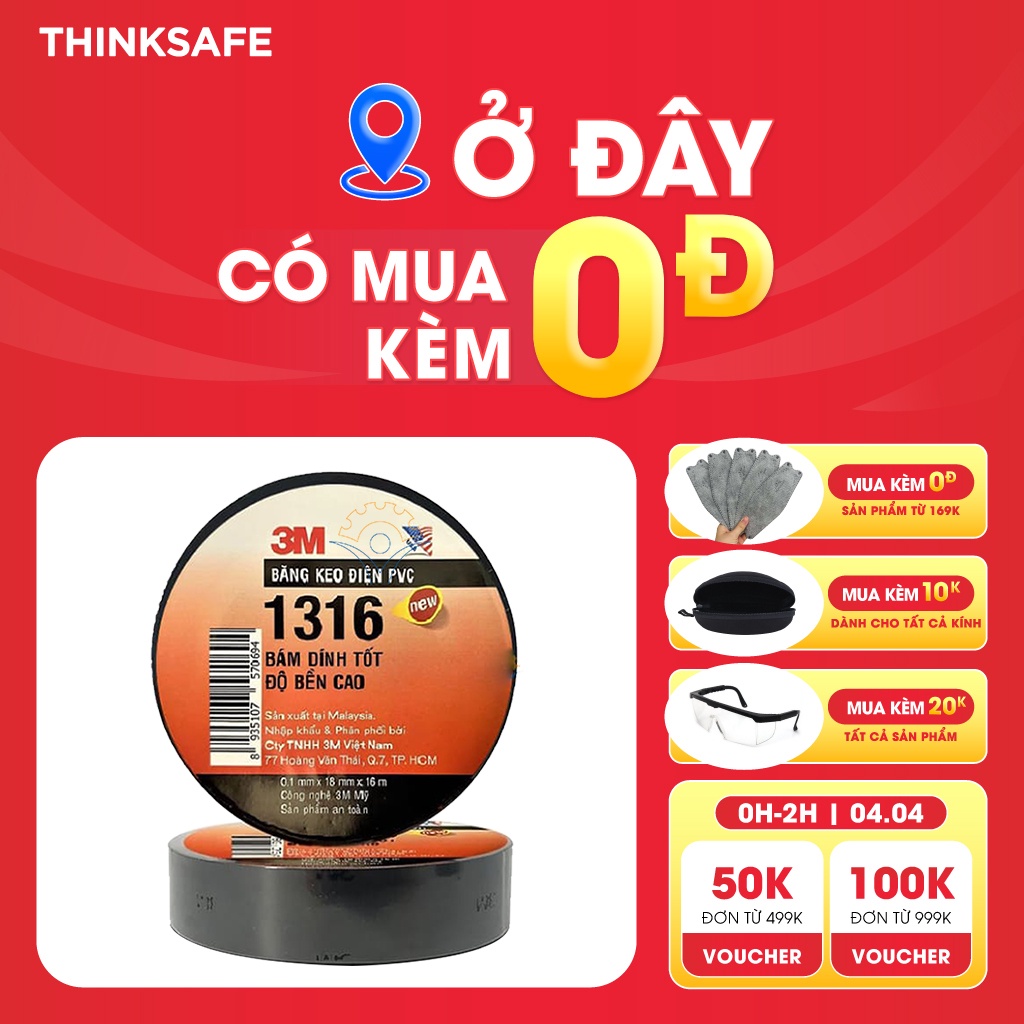 Băng keo điện 3M 1316, băng dính điện, cách điện, chịu nhiệt, chống nước, quấn dây an toàn lên đến 600V -
