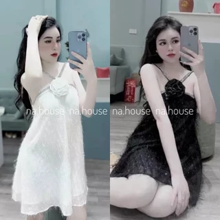 Đầm trắng suông lông vũ cổ yếm đi chơi dạo phố Nahouse váy đen bông ngực thiết kế đẹp xinh xắn và sang trọng