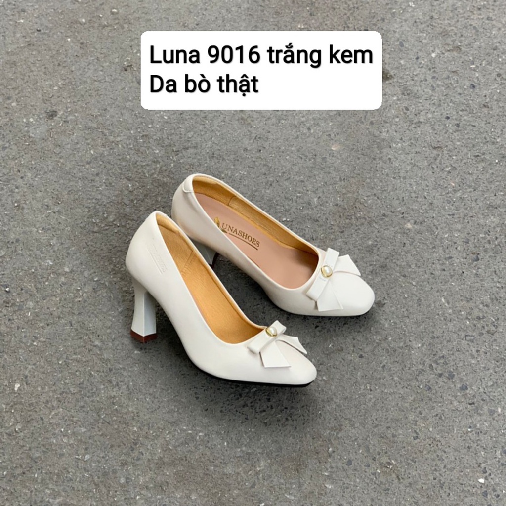 Giày cao gót nữ 5p da bò thật LUNASHOES 5008 mũi tròn gót nhỏ bảo hành 2 năm có nơ thời trang công sở