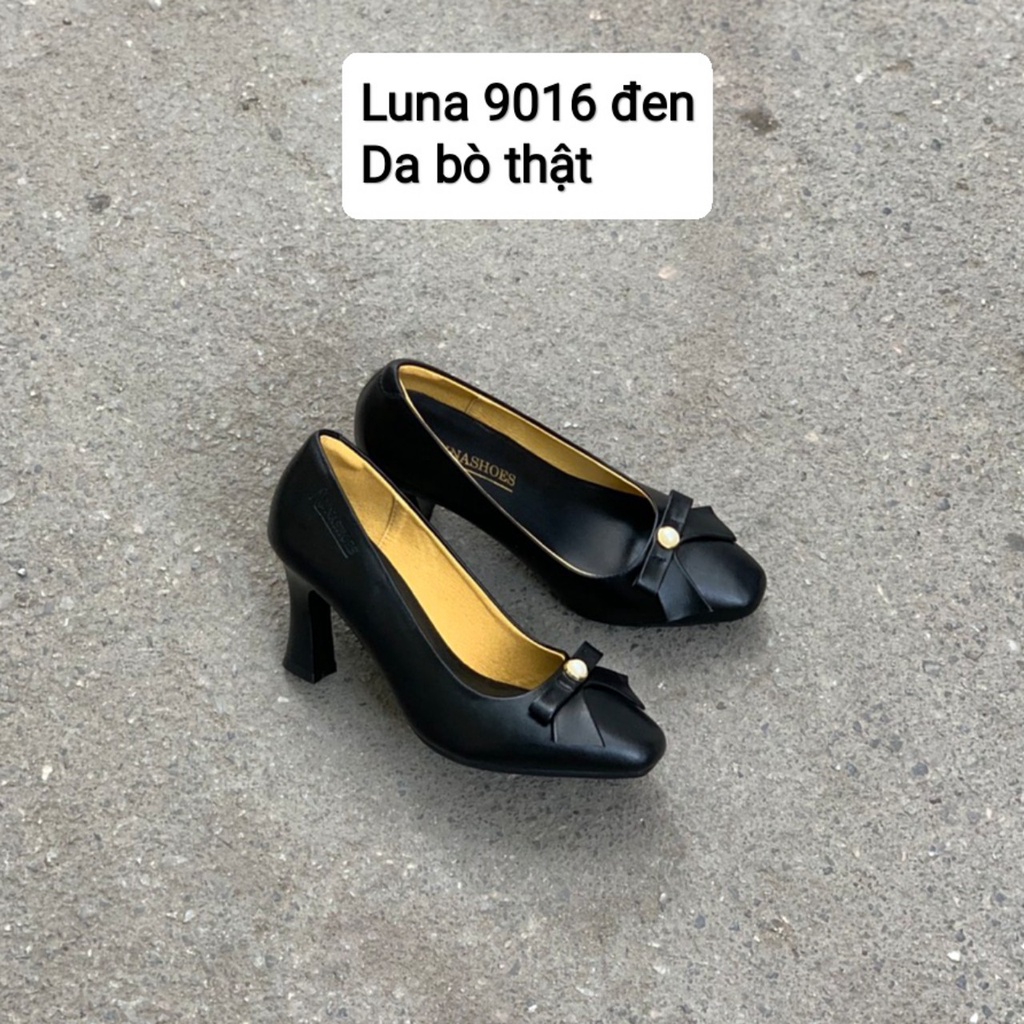 Giày cao gót nữ 5p da bò thật LUNASHOES 5008 mũi tròn gót nhỏ bảo hành 2 năm có nơ thời trang công sở