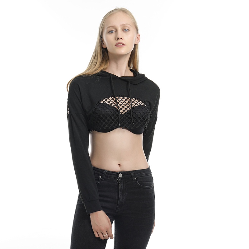 Women's fashion solid color mesh long sleeve bandage short splicing Hoodie