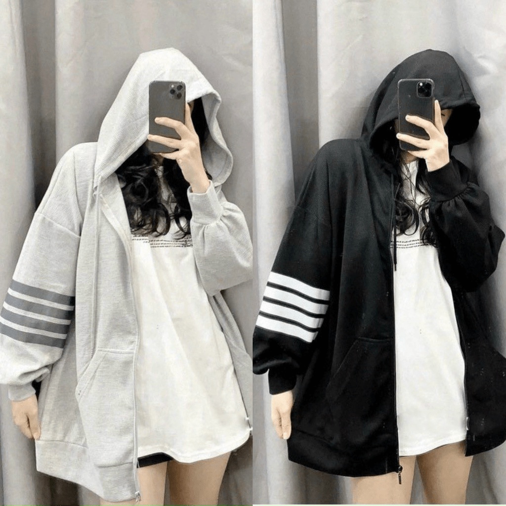 Áo khoác nỉ nữ họa tiết tay chạy sọc 2 màu xám đen Kyt_Fashion