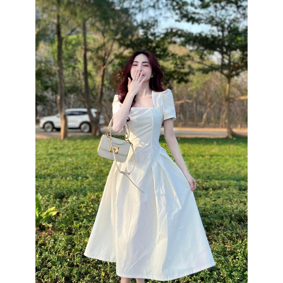 Váy Midi cổ vuông xếp ly, đầm tiểu thư dáng xòe dễ thương ( có mút ngực )