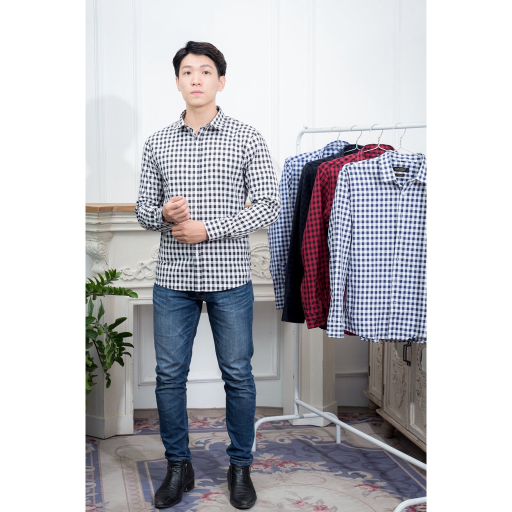 Áo sơ mi nam kẻ sọc caro tay dài , dáng công sở Hàn Quốc form ôm phối họa tiết cao cấp