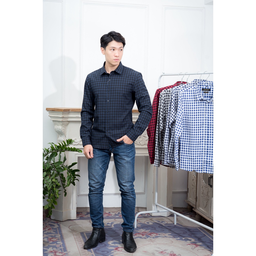 Áo sơ mi nam kẻ sọc caro tay dài , dáng công sở Hàn Quốc form ôm phối họa tiết cao cấp