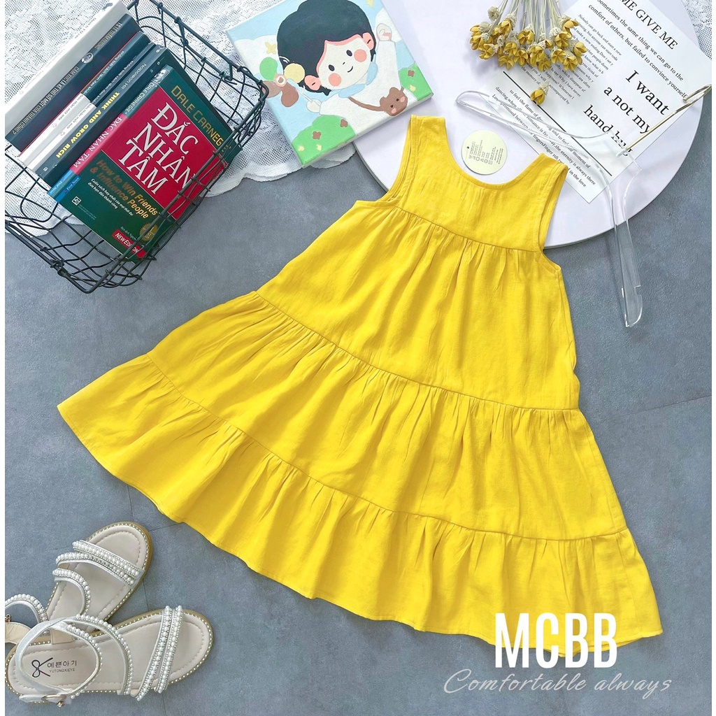 MCBB 9-24 Kg 100% Vải Linen Váy Cho Bé Gái Midi Xòe Váy Suông Trơn Sát Nách Váy Công Chúa Bé Gái Đầm Đi Biển 3 Lỗ Trẻ Em
