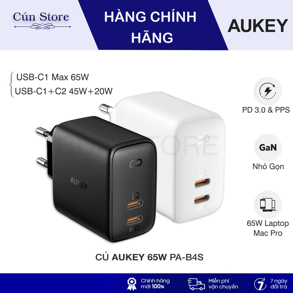 Củ sạc nhanh GaN AUKEY 65W PD/PPS PA-B4S cho Mac 65W, IP 13 chính hãng | Bảo hành 12 tháng