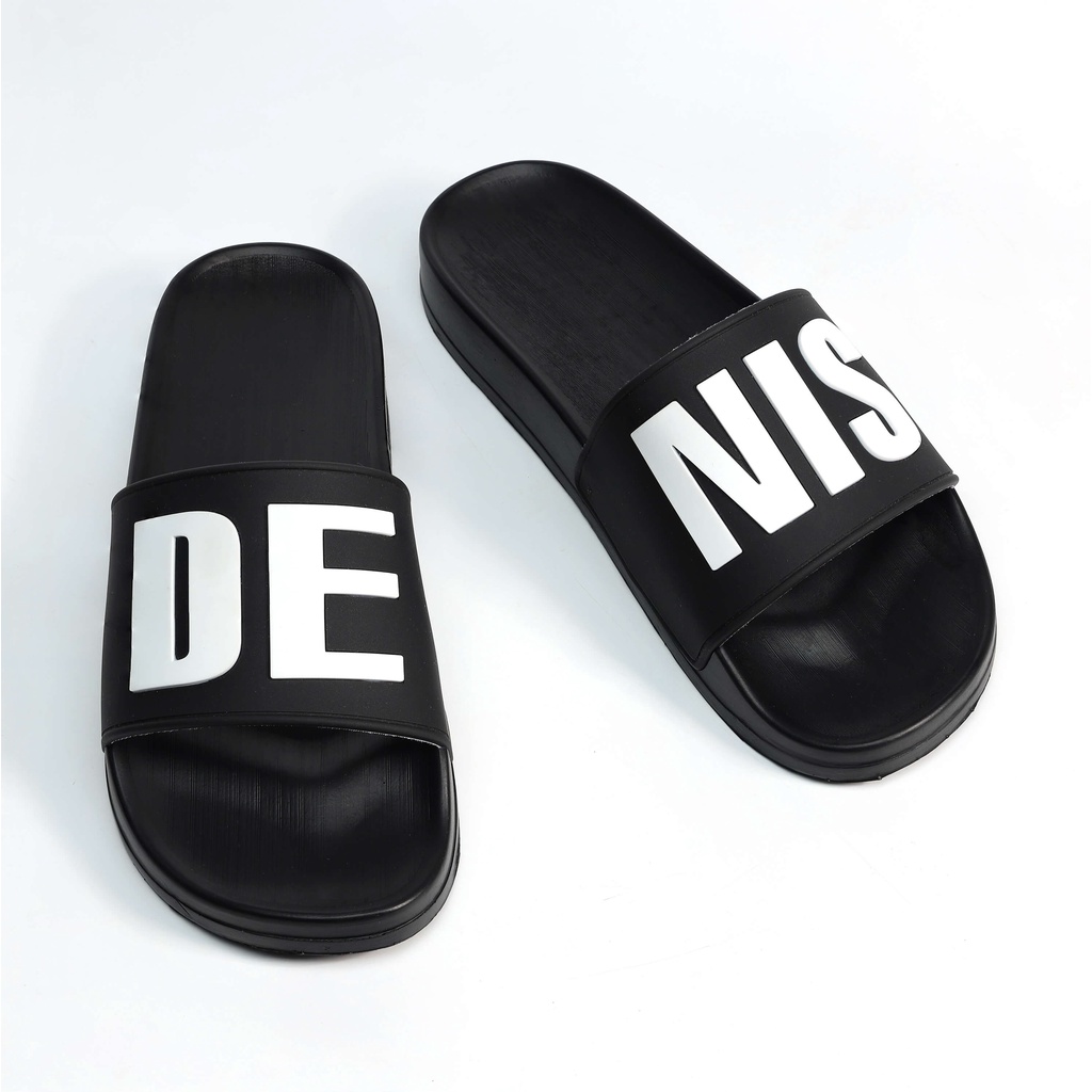 Dép quai ngang Denis CT02 Unisex Slipper Quai Đen chữ to màu trắng Basic