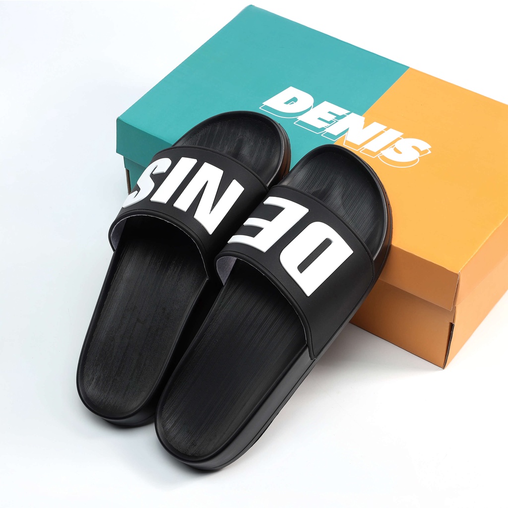 Dép quai ngang Denis CT02 Unisex Slipper Quai Đen chữ to màu trắng Basic