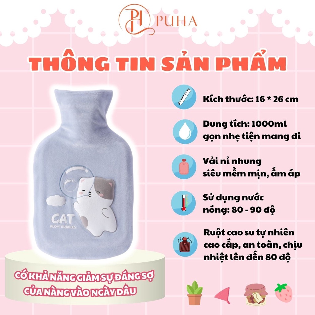 Túi sưởi ấm bụng kinh cho nữ Puha 1000ml, nóng lạnh đa năng giữ nhiệt 3h, món quà tặng bạn gái