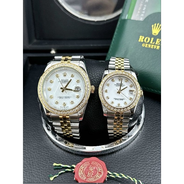 Đồng hồ cặp cao cấp Rolex máy nhật size 31/41mm dây thép demi viền đá bảo hành 2 năm