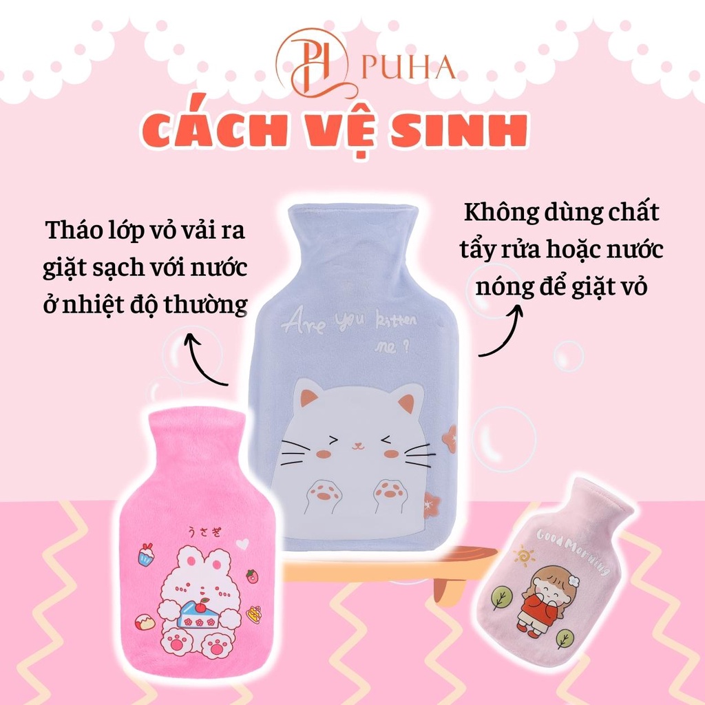 Túi sưởi ấm bụng kinh cho nữ Puha 1000ml, nóng lạnh đa năng giữ nhiệt 3h, món quà tặng bạn gái