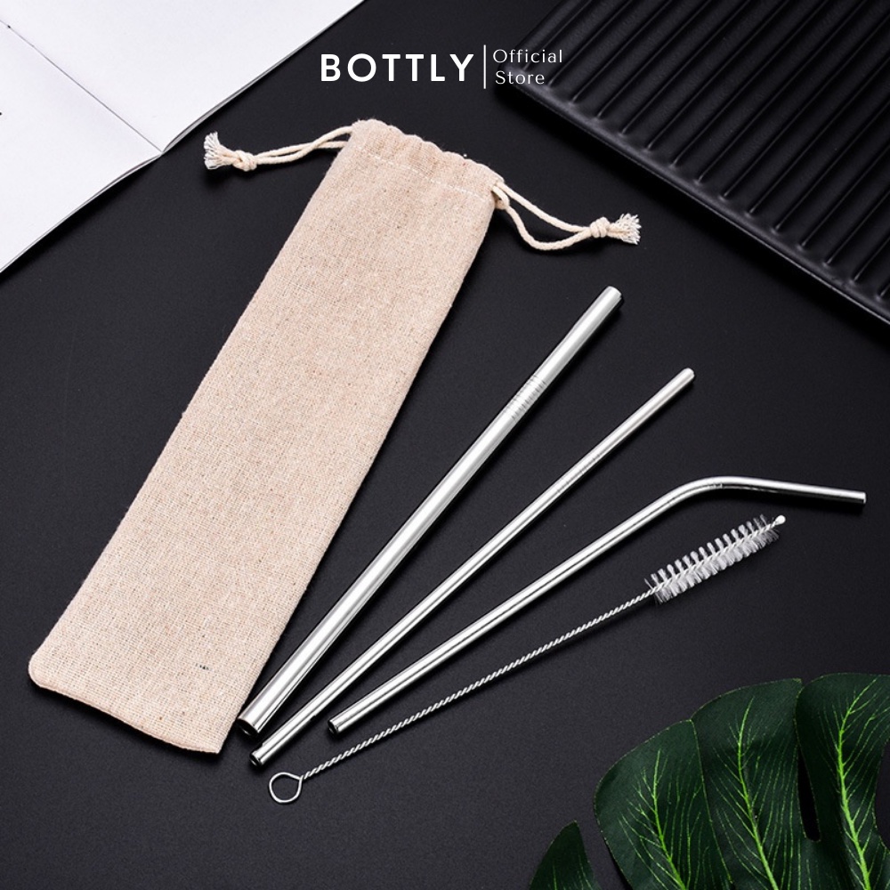 Ống hút inox 304 BOTTLY thép không gỉ, cong, thẳng, cọ rửa, túi vải