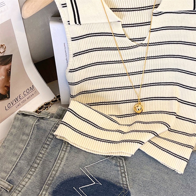Áo Len Không Tay Cổ Polo Họa Tiết Kẻ Sọc Phong Cách Pháp Thời Trang Mùa Xuân Hàng Mới Dành Cho Bạn Nữ