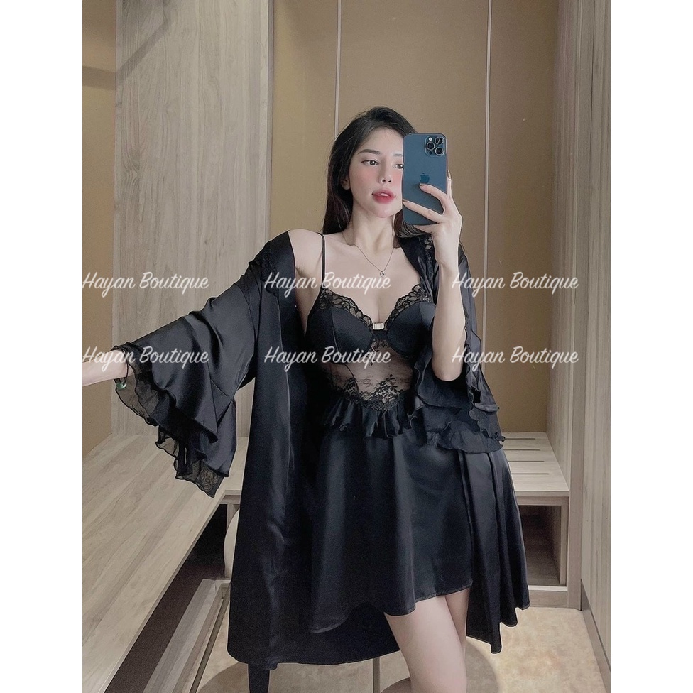 HT237 Set váy ngủ và áo choàng sexy phối ren tay loe gợi cảm, đồ ngủ lụa quyến rũ HT237 (133a+236)