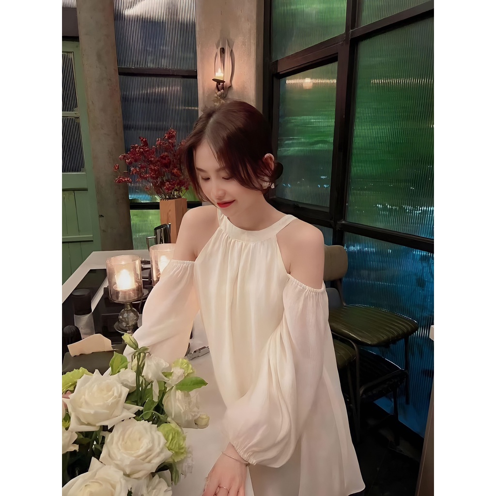 [Mã FATREND02 giảm đến 30k đơn 99k] Đầm Trắng Nữ Hở Vai Tay Bo 2 Lớp 🦋 Váy Nữ Cổ Yếm Dài Tay Dáng Ngắn Chất Voan 🦋 | BigBuy360 - bigbuy360.vn