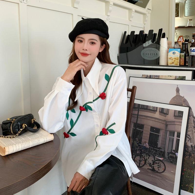 Áo Sơ Mi Tay Dài Dáng Rộng Ba Chiều Họa Tiết Hoa Hồng Đỏ Phong Cách Pháp Thời Trang Xuân Thu 2023 Mới Dành Cho Bạn Nữ