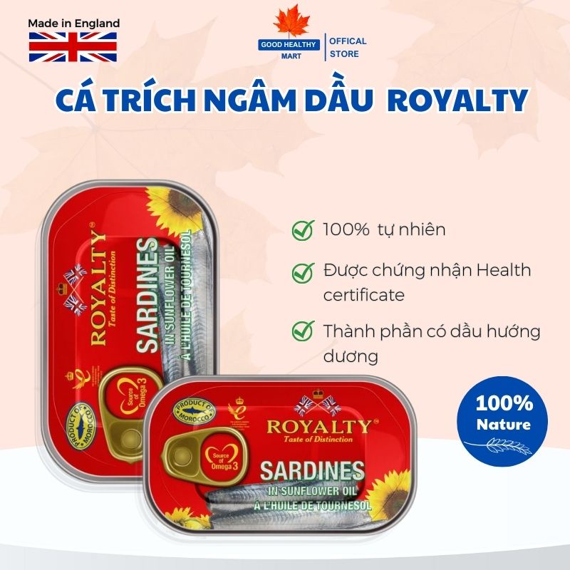 Cá trích ngâm dầu hướng dương Royalty Sardine Nhập Khẩu Anh Quốc - 125g