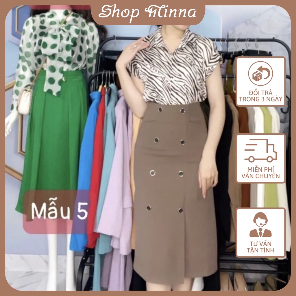 Set sơ mi cộc tay phối chân váy dáng dài xẻ trước trẻ trung năng động size 42-68kg sét 37