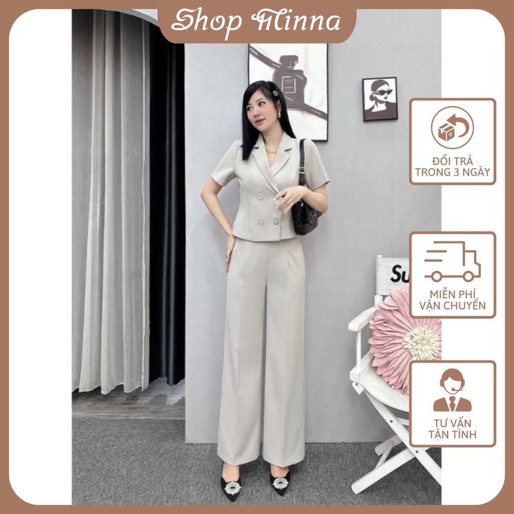 Set vest nữ cộc tay dáng ngắn phối quần dài ống suông phong cách công sở trẻ trung size 42-68kg sq38