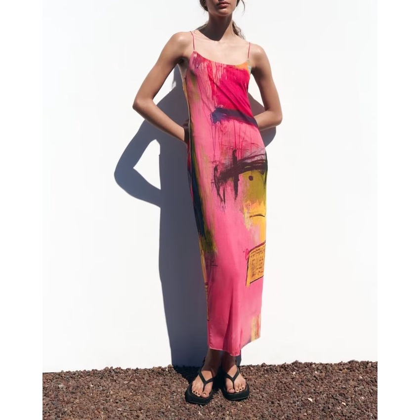 Made in Morocco - Đầm Zara hai dây thun voan hoạ tiết đỏ art DH3HDG45N10