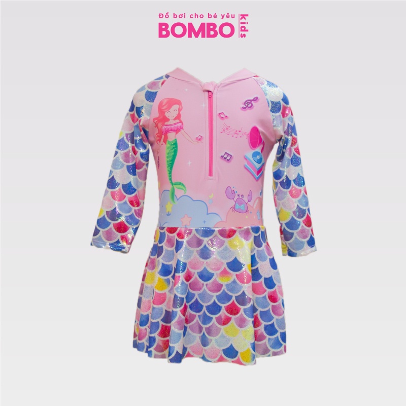 Đồ bơi bé gái, liền thân chân váy tay dài chống nắng họa tiết nàng tiên cá phối vảy cá ánh bạc siêu cute