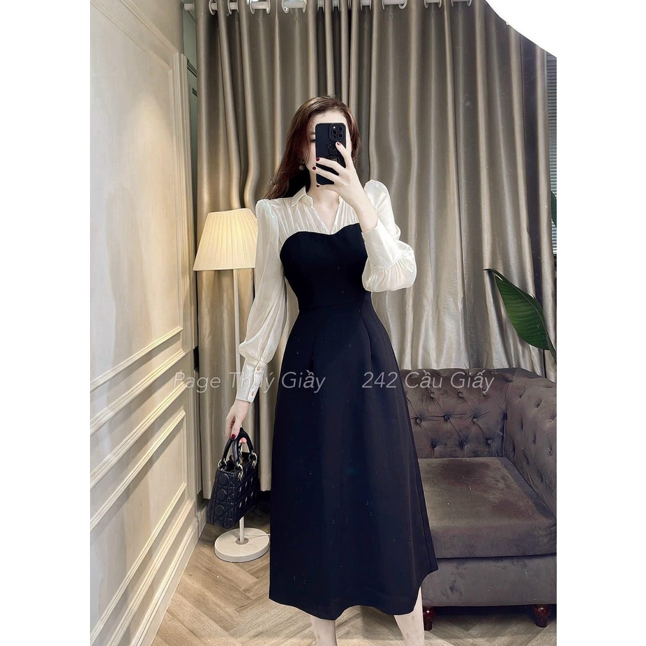 Đầm váy tiểu thư dự tiệc chất cotton lạnh phối ống tay voan tơ dáng xòe siêu sang chảnh, duyên dáng dành cho cácnàng