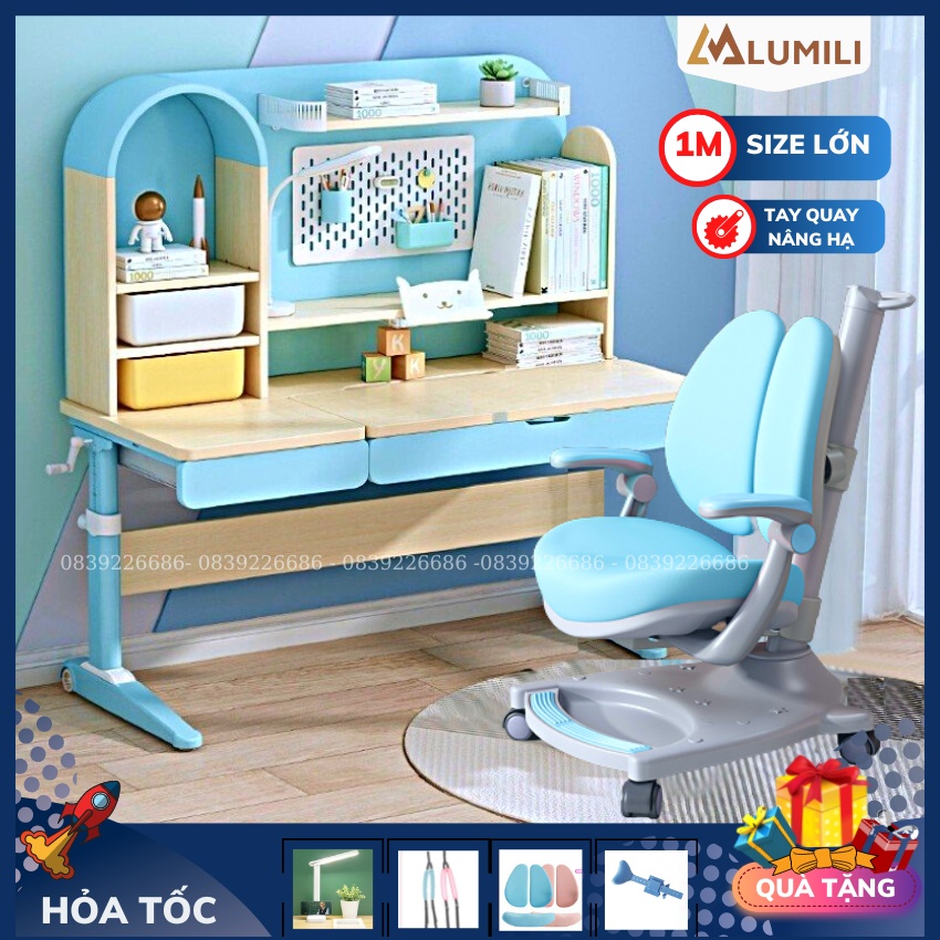 Bộ bàn học chống gù gỗ tự nhiên cao cấp Lumili S4100 size lớn nâng hạ độ cao tay quay, điều chỉnh nghiêng dễ dàng
