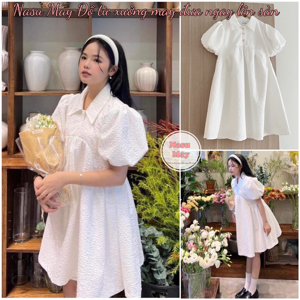 Váy babydoll, Đầm Công Chúa Chất Xốp Dáng Xoè Cổ bẻ cài cúc tay bồng màu trắng (mẫu mới)