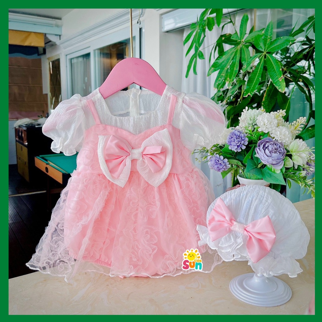 ẢNH THẬT - HÀNG SẴN, tặng mũ, 3-11kg, body cho bé gái chất tơ nhăn phối ren lưới hoa nổi mềm mát