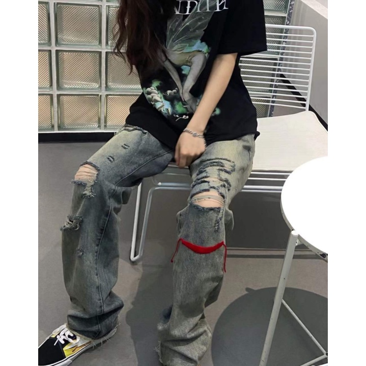 Mới Ripped Jeans Nữ Quần Vintage Washed Jeans Unisex