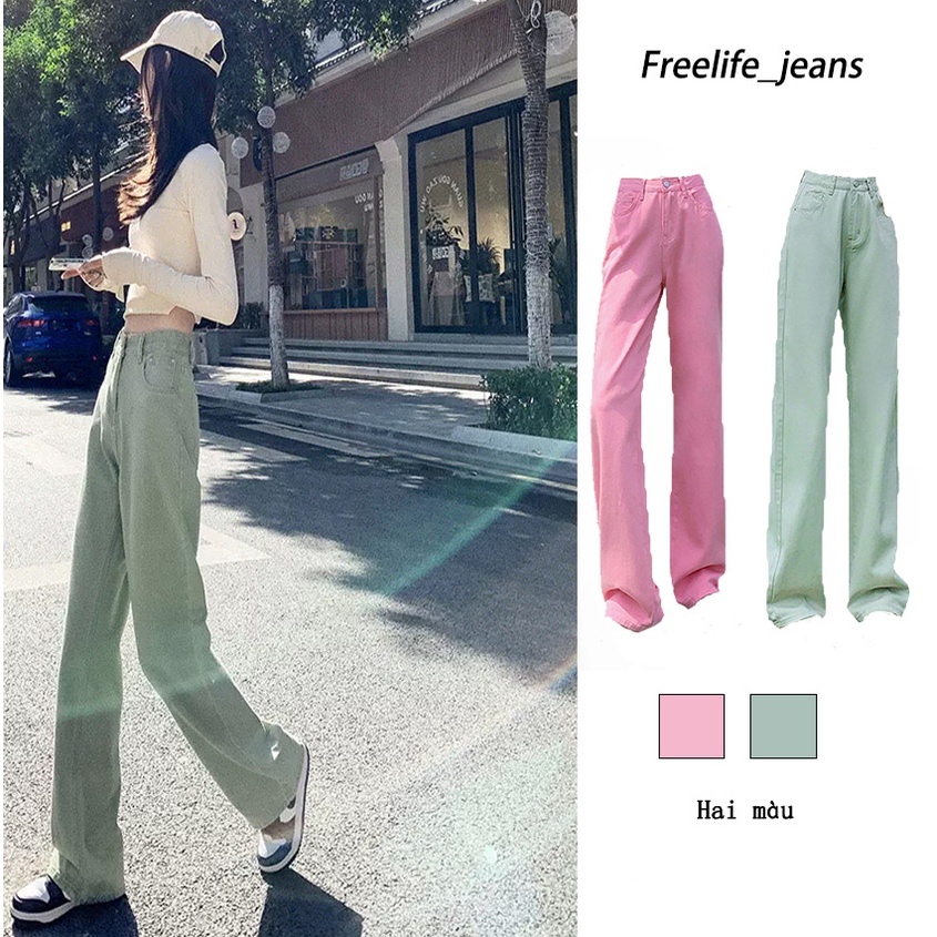 Quần Jean Nữ Ống Rộng Lưng Cao Phong Cách Ulzzang Năng Động,Chất Bò 2 Màu xanh bạc hà Và hồng