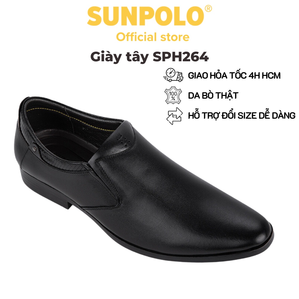 Giày tây nam Da bò cao cấp SUNPOLO giày đi làm văn phòng, công sở Màu Đen - mũi nhọn, đế cao 2.5cm - SPH264