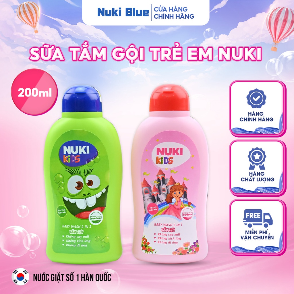 Sữa Tắm Gội Trẻ Em Nuki Kids Từ 0 Tuổi 200ml Hương Thơm Dịu Nhẹ,Không Chứa Paraben và Không Gây Cay Mắt