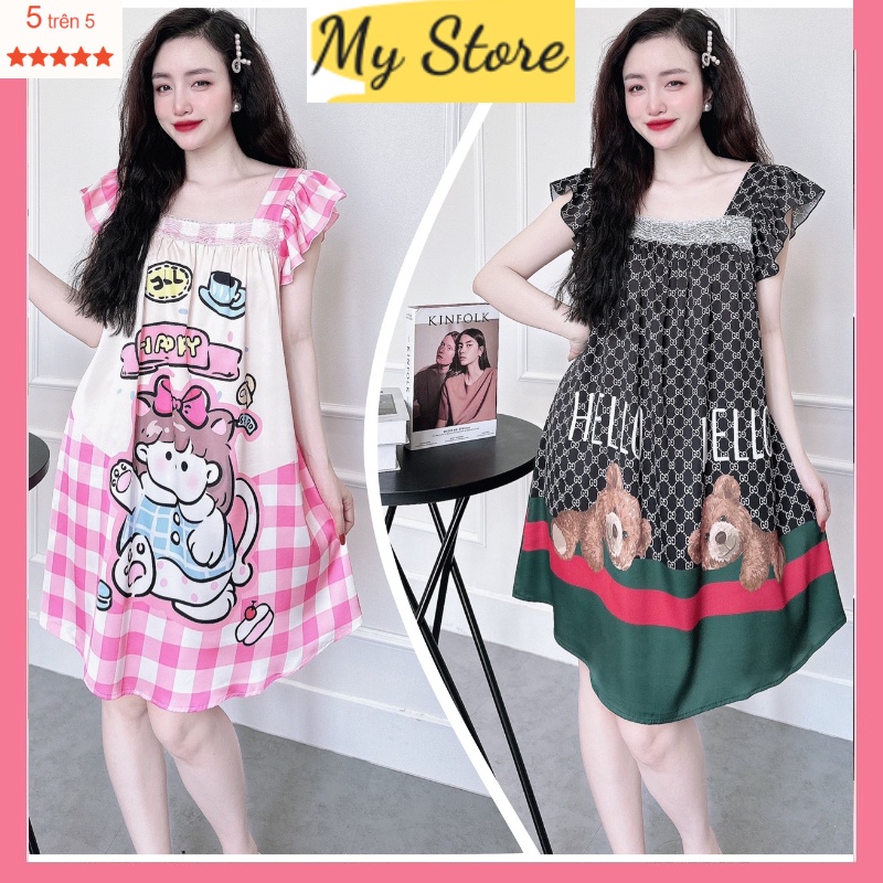 Đầm ngủ nữ cánh tiên dễ thương, váy mặc nhà vải lụa latin in 3D loại 1 mềm mát freesize dưới 62kg MY STORE