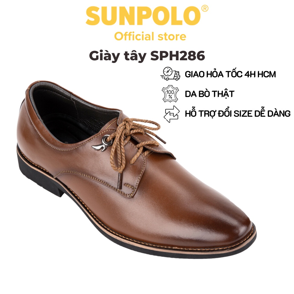 Giày tây nam Da bò cao cấp SUNPOLO giày đi làm văn phòng, công sở Màu Nâu - cột dây, đế cao 2.8cm - SPH286