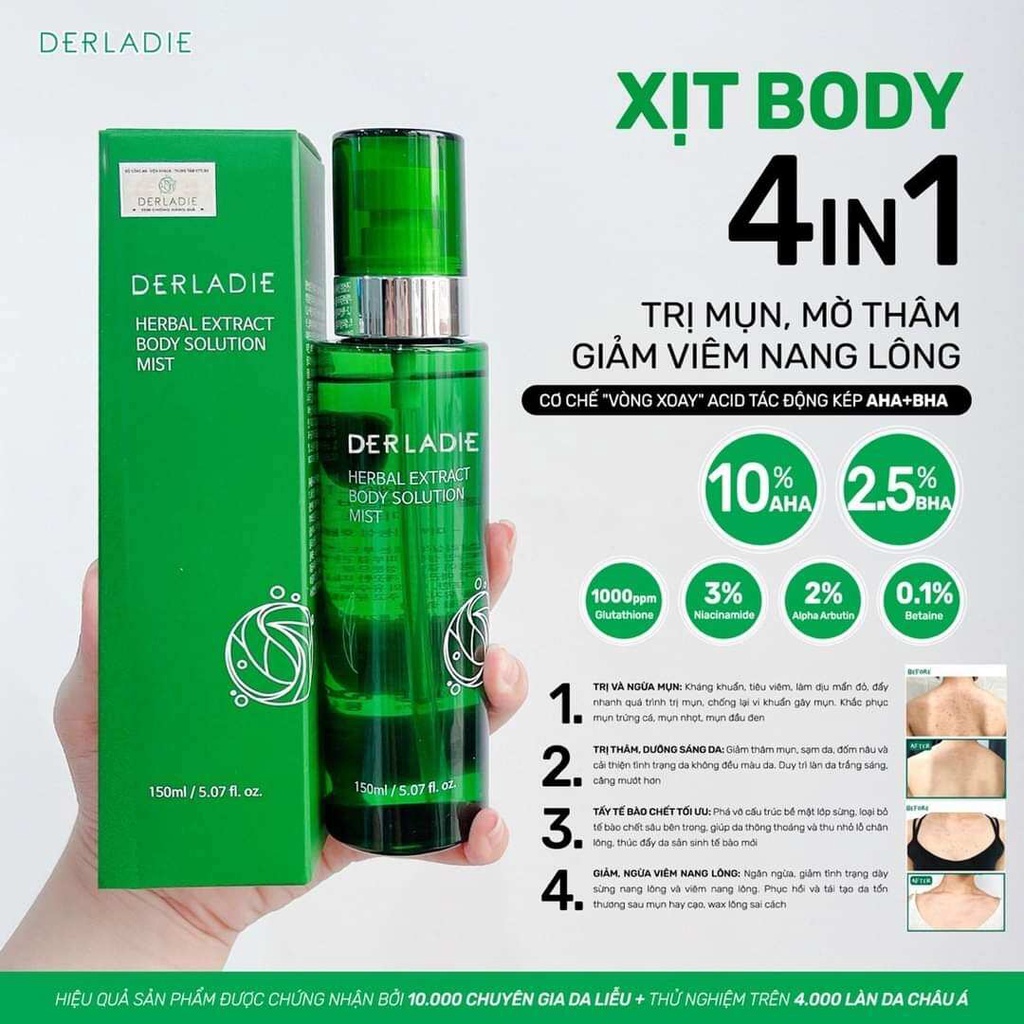 XỊT MỤN BODY, MỜ THÂM BODY, GIẢM VIÊ.M NANG LÔNG DERLADIE HERBAL EXTRACT BODY SOLUTION MIST