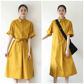 Đầm sơ mi vàng suông kèm dây đai