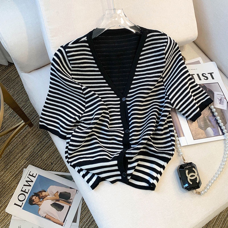 Áo Thun Dệt Kim Tay Phồng Họa Tiết Kẻ Sọc Thời Trang Mùa Hè Mới Cho Nữ