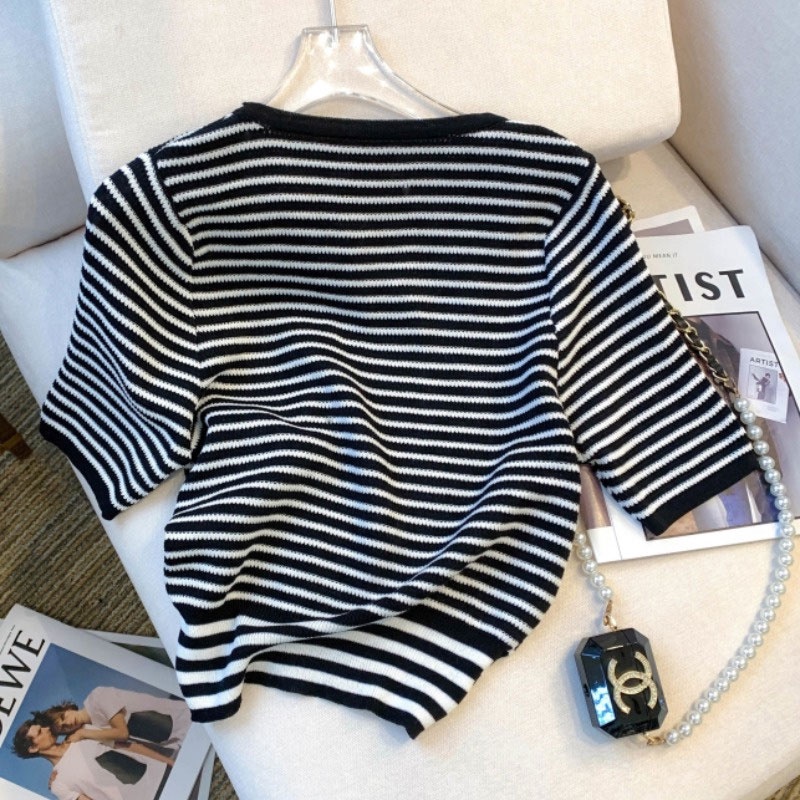 Áo Thun Dệt Kim Tay Phồng Họa Tiết Kẻ Sọc Thời Trang Mùa Hè Mới Cho Nữ
