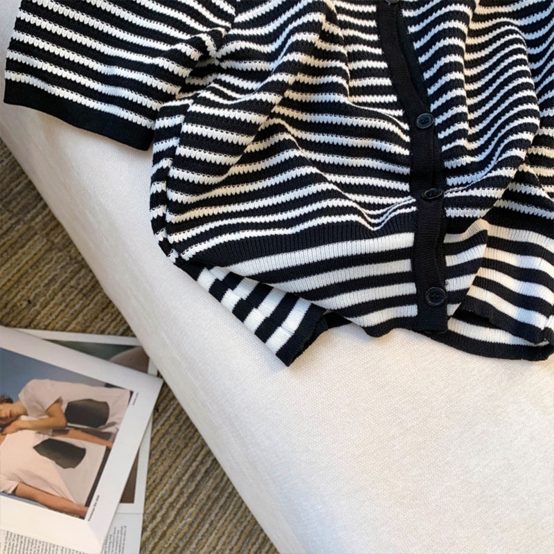 Áo Thun Dệt Kim Tay Phồng Họa Tiết Kẻ Sọc Thời Trang Mùa Hè Mới Cho Nữ