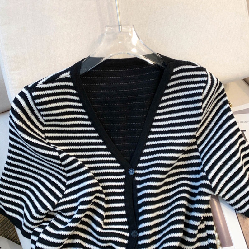 Áo Thun Dệt Kim Tay Phồng Họa Tiết Kẻ Sọc Thời Trang Mùa Hè Mới Cho Nữ