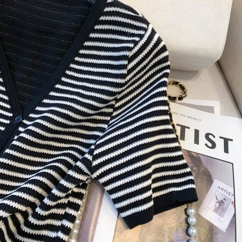 Áo Thun Dệt Kim Tay Phồng Họa Tiết Kẻ Sọc Thời Trang Mùa Hè Mới Cho Nữ