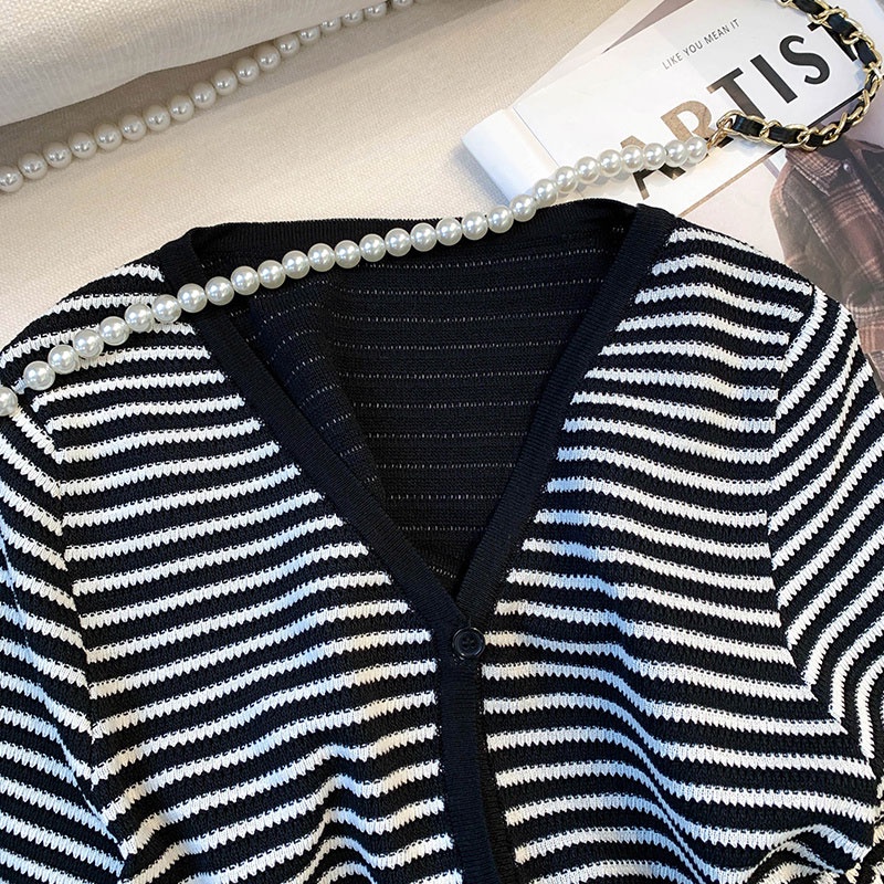 Áo Thun Dệt Kim Tay Phồng Họa Tiết Kẻ Sọc Thời Trang Mùa Hè Mới Cho Nữ