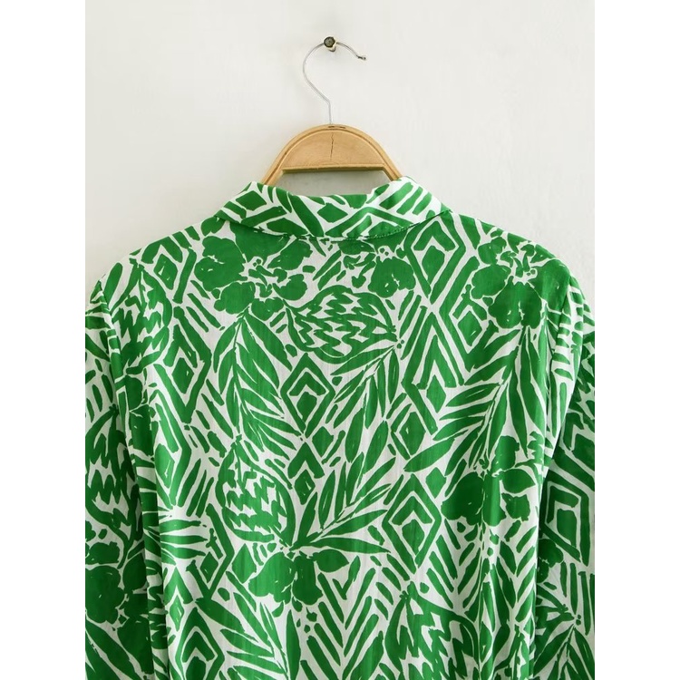 Made in Morocco - Đầm Zara sơ mi hoạ tiết xanh lá cực đẹp DH1SMHG50N10