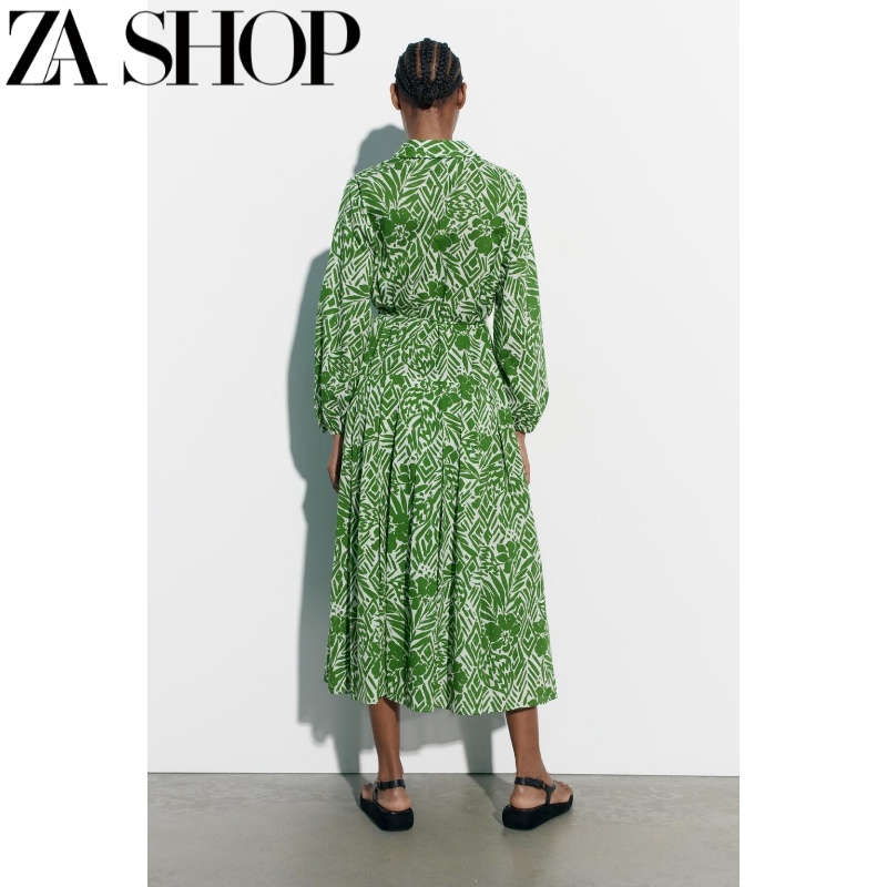 Made in Morocco - Đầm Zara sơ mi hoạ tiết xanh lá cực đẹp DH1SMHG50N10