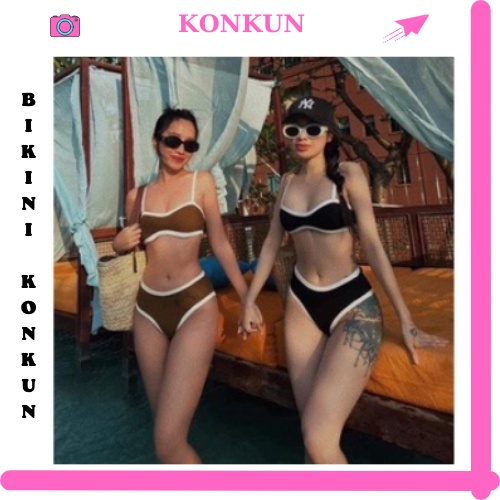Bikini 2 mảnh đi biển đen trơn viền trắng sexy KONKUN MS128